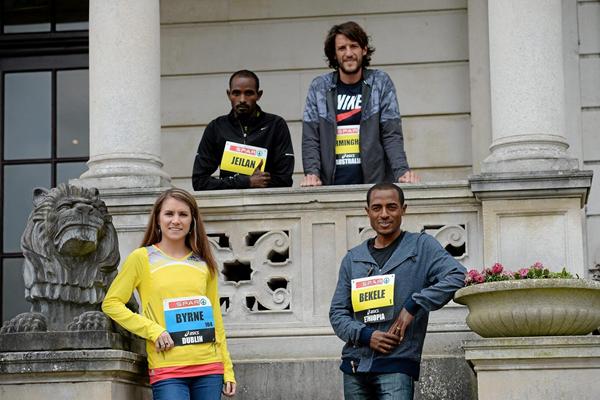 Linda Byrne, Ibrahim Jeilan, Collis Birmingham, Kenenisa Bekele ahead of the 2013 SPAR Great Ireland Run (Organisers)