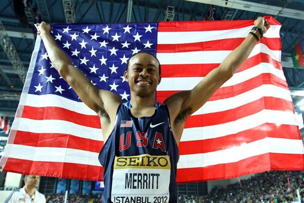 Aries Merritt of the United States celebrates as he wins gold in the Men’s 60 Metres Hurdles Final during day three - WIC Istanbul (Getty Images)