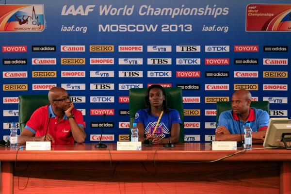 Ed Moses, Dawn Harper and Mike Powell at the IAAF Ambassador Press Conference Moscow 2013 (Getty Images)