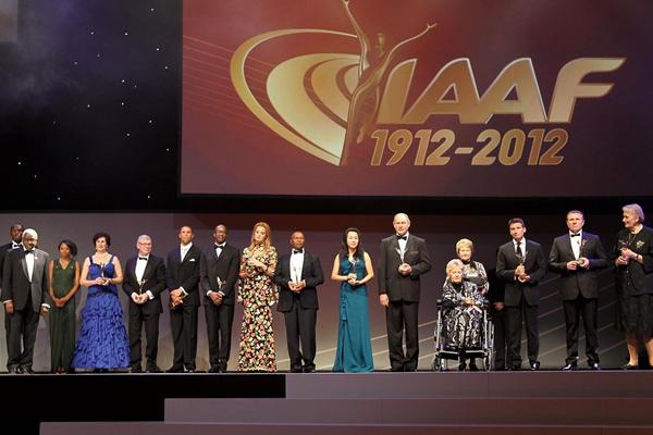 IAAF President Lamine Diack, 2012 World Athlete of the Year Usain Bolt and IAAF Hall of Fame members at the IAAF Centenary Gala in Barcelona (Giancarlo Colombo)