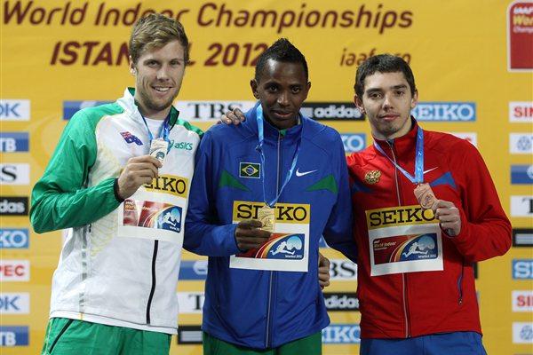 (L-R) Silver medalist Henry Frayne of Australia, gold medalist Mauro Vinicius Da Silva of Brazil and bronze medalist Aleksander Menkov of Russia stand on the podium during the medal ceremony for the Men’s Long Jump Final during day three - WIC Istanbul (Getty Images)