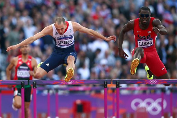 (L-R) Dai Greene of Great Britain and Kerron Clement of the United States compete in the Men's 400m Hurdles Semi Finalon Day 8 of the London 2012 Olympic Games on 4 August 2012 (Getty Images )