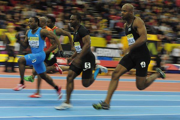 Lerone Clarke on his way to a 60m victory in Birmingham over among others Asafa Powell (Getty Images)