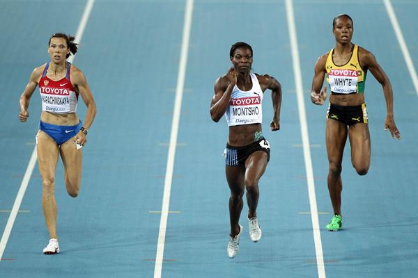 (L-R) Anastasiya Kapachinskaya of Russia, Amantle Montsho of Botswana and Rosemarie Whyte of Jamaica compete during the women's 400 metres semi finals during day two ot the WCH Daegu 2011 (Getty Images)