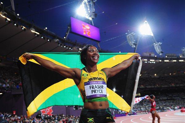 Silver medalist Shelly-Ann Fraser-Pryce of Jamaica celebrates after the Women's 200m Final on Day 12 of the London 2012 Olympic Games at Olympic Stadium on August 8 2012 (Getty Images)