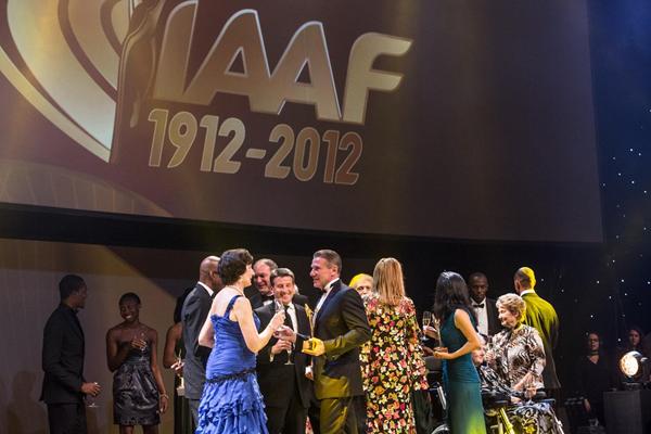 Inaugural IAAF Hall of Fame members and 2012 IAAF award winners on stage at the IAAF Centenary Gala in Barcelona (Philippe Fitte)