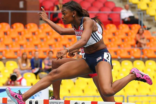 Perri Shakes Drayton in the womens 400m Hurdles at the IAAF World Championships Moscow 2013 ()