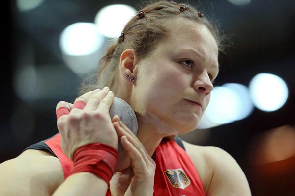 Christina Schwanitz pulls out a winning throw on her final attempt to take the European indoor Shot title (Getty Images)