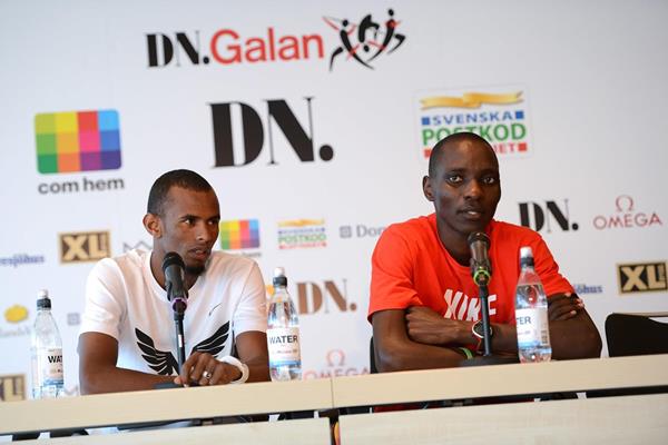 Ayanleh Souleiman and Asbel Kiprop at the pre-event press conference ahead of the 2013 IAAF Diamond League in Stockholm (Anders and Hasse Sjogren)