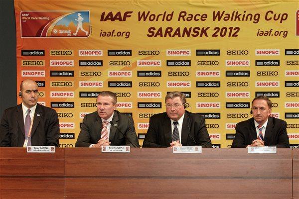 From Left to Right: IAAF General Secretary Essar Gabriel, IAAF Vice President Sergey Bubka, Vladimir Volkov, Interim Head of the Republic of Mordovia and Vladimir Sushkin, Mayor of Saransk at the IAAF World Race Walking Cup official Press Conference (Getty Images)