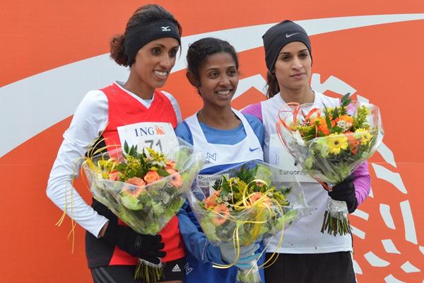 Mestawet Tadesse, Eleni Gebrehiwot and Fathia Benchatki at the 2013 ING Eurocross meeting in Diekirch, Luxembourg (Rosch kohl)