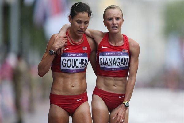 (L-R) Kara Goucher and Shalane Flanagan of the United States at the finish line after competing during the Women's Marathon on Day 9 of the London 2012 Olympic Games on 5 August 2012 (Getty Images)