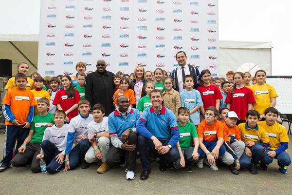 IAAF President Lamine Diack, Gabriella Szabo, Koji Murofushi, Yuriy Borzakovskiy and Wilson Kipketer at the IAAF / Nestlé Kids’ Athletics event in Sochi (Getty Images)