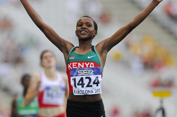 Faith Chepngetich Kipyegon of Kenya celebrates winning the Women's 1500 metres Final on day six of the 14th IAAF World Junior Championships in Barcelona on 15 July 2012 (Getty Images)