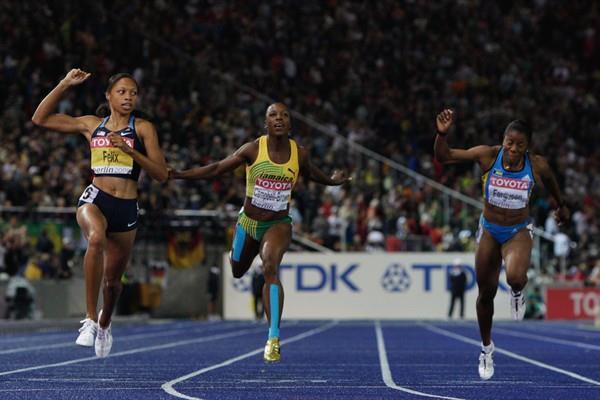 History in the making, Allyson Felix crosses the line to become the World Champion over 200m for the third time (Getty Images)