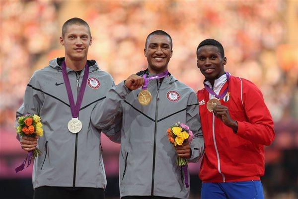 Silver medalist Trey Hardee of the United States, gold medalist Ashton Eaton of the United States and bronze medalist Leonel Suarez of Cuba pose on the podium during the medal ceremony for the Men's Decathlon on Day 14 of the London 2012 Olympic Games at Olympic Stadium on August 10, 2012  (Getty Images)