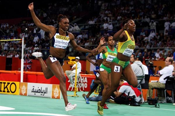Veronica Campbell-Brown of Jamaica wins the women's 60m title in Doha beating pre-race favourite LaVerne Jones-Ferrette (Getty Images)