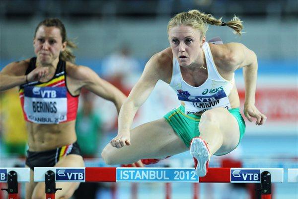 Sally Pearson of Australia (R) and Eline Berings of Belgium compete in the Women's 60 Metres Hurdles first round during day one - WIC Istanbul (Getty Images)