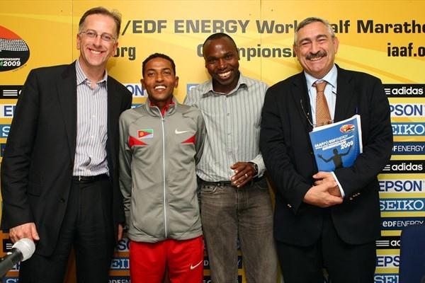 From left: UK Athletics Chairman Ed Warner, Zersenay Tadese, IAAF Ambassador Wilson Kipketer, and IAAF General Secretary Pierre Weiss at the pre-champs press conference in Birmingham (Getty Images)
