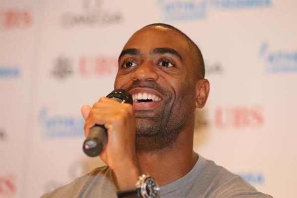Tyson Gay at the press conference for the 2013 Lausanne Diamond League (Gladys Chai)