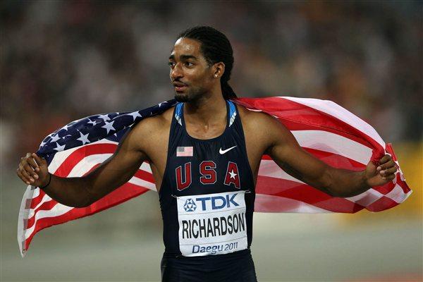 Jason Richardson of the USA celebrates after the men's 110m Hurdles final (Getty Images)