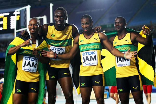Michael Frater, Usain Bolt, Yohan Blake and Nesta Carter of Jamaica celebrate victory and a World record in the men's 4x100 metres relay final (Getty Images)