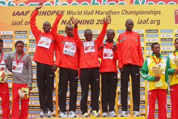The Kenyan men's squad celebrate their team triumph in Nanning (Getty Images)