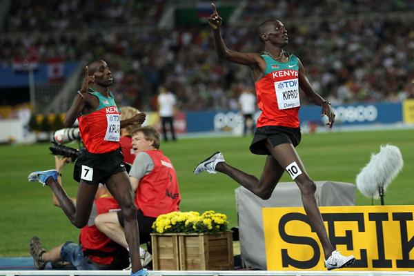 Asbel Kiprop of Kenya claims victory ahead of Silas Kiplagat of Kenya in the men's 1500 metres final (Getty Images)