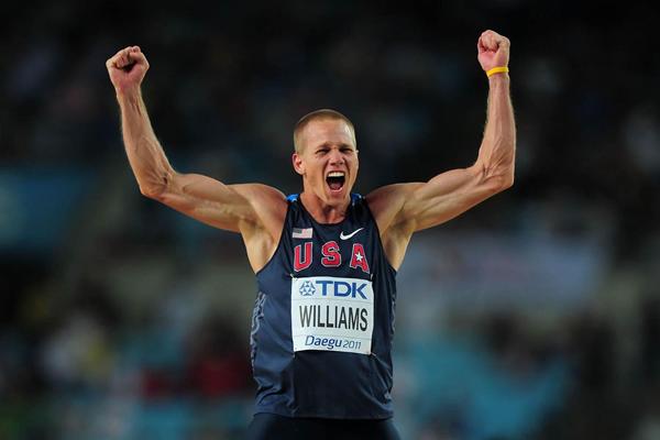Jesse Williams of United States celebrates during the men's high jump final during day six (Getty Images)