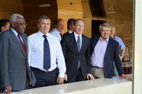 Visit to Luzhniki Stadium, Moscow: (l to r) IAAF President - Lamine Diack, Head of Moscow Department for Physical Education & Sport - Alexey Vorobiov, ARAF President - Valentin Balakhnichev, ARAF General Secretary - Mikhail Butov (IAAF)