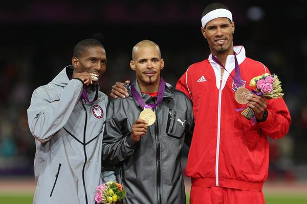 Michael Tinsley, Felix Sanchez and Javier Culson on the 400m Hurdles podium at the 2012 London Olympics (Getty Images)