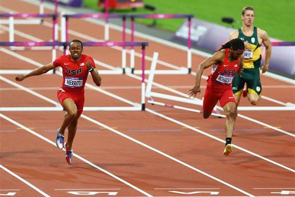 Aries Merritt of the United States crosses the finish line ahead of Jason Richardson of the United States to win gold in the Men's 110m Hurdles Final of the London Olympic Games  on August 8, 2012  (Getty Images)