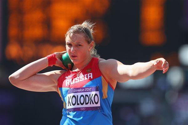 Evgeniia Kolodko of Russia competes in the Women's Shot Put qualification on Day 10 of the London 2012 Olympic Games at the Olympic Stadium on August 6, 2012 (Getty Images)