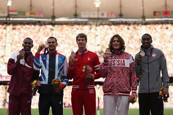 2012 Olympic High Jump medallists Mutaz Essa Barshim, Robbie Grabarz, Derek Drouin, Ivan Ukhov and Erik Kynard (Getty Images)