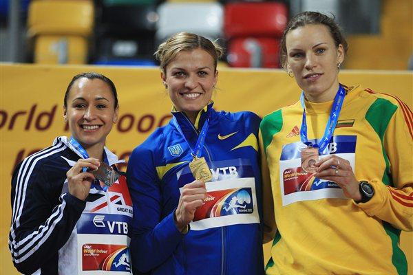 (L-R) Silver medalist Jessica Ennis of Great Britain, gold medalist Natallia Dobrynska of Ukraine and bronze medalist Austra Skujyte of Lithuania stand on the podium during the medal ceremony for the Women's Pentathlon (Getty Images)