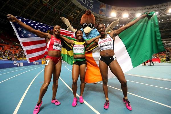 Shelly Ann Fraser Pryce, Murielle Ahoure and Carmelita Jeter in the womens 100m Final at the IAAF World Athletics Championships Moscow 2013 (Getty Images)