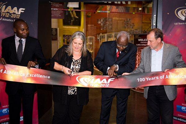 From left: IAAF Ambassador Wilson Kipketer, Deputy Major of the City of Barcelona Maite Fandos, IAAF President Lamine Diack and 1992 Olympic 1500m champion Fermin Cacho officially open the IAAF Centenary Exhibition at the Joan Antoni Samaranch Olympic and Sport Museum in Barcelona (Getty Images)