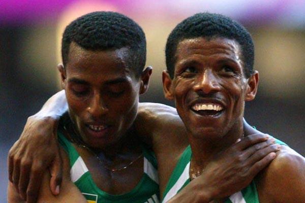 Team mates Kenenisa Bekele and Haile Gebrselassie after the final of the 10,000m (Getty Images)