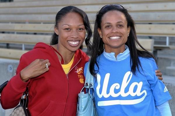 Allyson Felix and Joanna Hayes at the USC-UCLA dual meet (Kirby Lee)