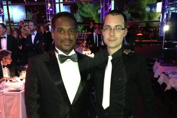 Facebook contest winner David Baka with IAAF Ambassador and former 200m World champion Ato Boldon at the 2013 World Athletics Gala (IAAF)