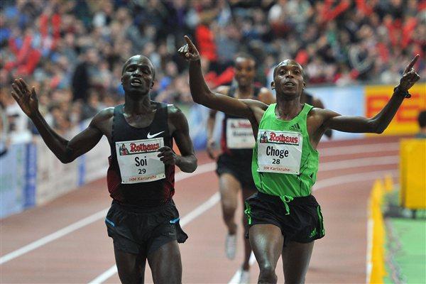 Close! Edwin Soi and Augustine Choge clock 7:29.94 in Karlsruhe. Choge was given the win. (Bongarts/Getty Images)