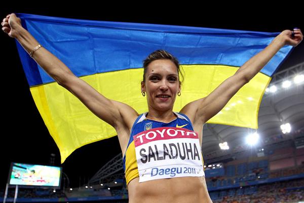 Olha Saladuha of Ukraine celebrates winning the Triple Jump World title in Daegu (Getty Images)