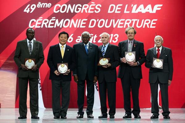 Lamine Diack with recipients of the IAAF Plaques of Merit: Isaiah Kiplagat, Du Zhaocai, Janez Aljancic, Rod Syme, and Eduardo Bernal (Getty Images)