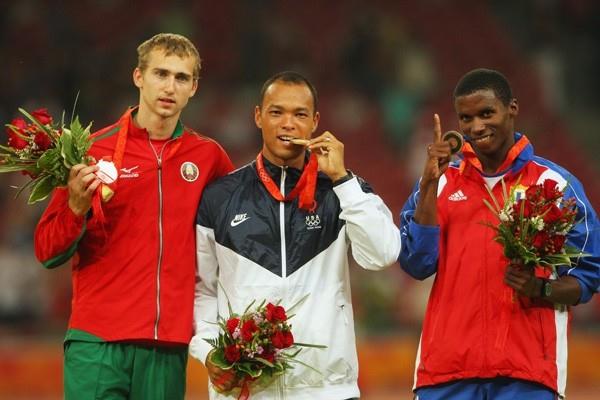 Decathlon medallists: Andrey Kravchenko, Bryan Clay and Leonel Suarez (Getty Images)