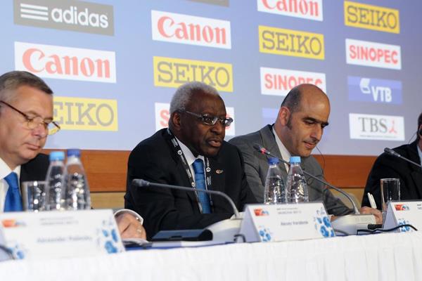 Lamine Diack talking at the IAAF press conference at SportAccord (Organisers)