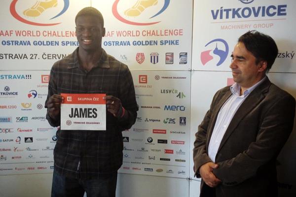 Kirani James and meeting manager Alfons Juck at the 2013 Ostrava Golden Spike press conference (organisers)