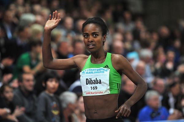 Genzebe Dibaba after her 4:00.13 world leader in Karlsruhe (Bongarts/Getty Images)