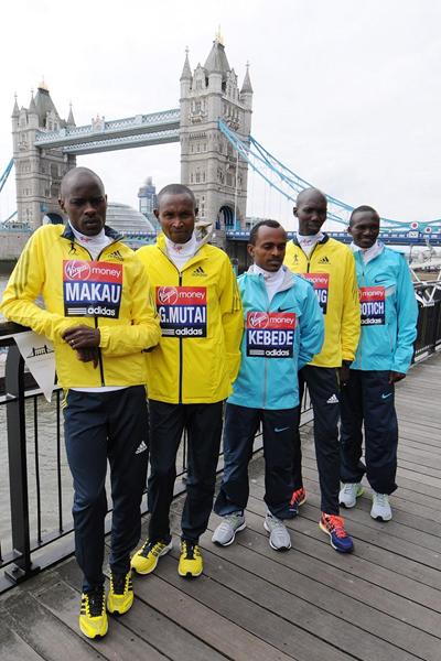 Patrick Makau, Geoffrey Mutai, Tsegaye Kebede, Wilson Kipsang and Stephen Kiprotich ahead of the 2013 Virgin London Marathon (Getty Images)