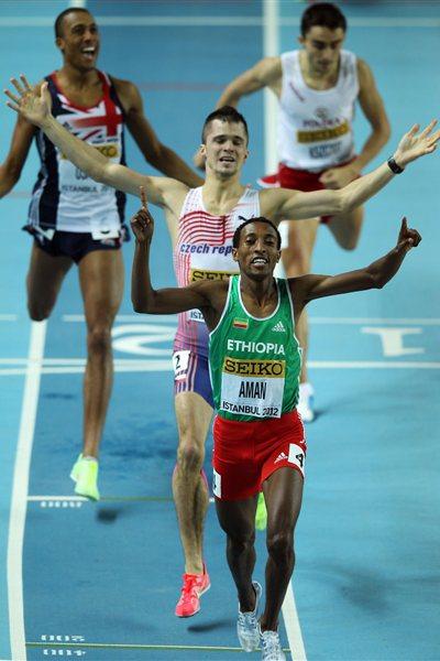 Mohammed Aman of Ethiopia celebrates as he wins gold in the Men’s 800 Metres - WIC Istanbul (Getty Images)