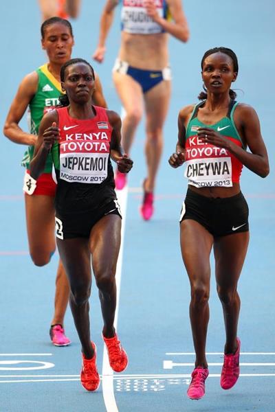 Milcah Chemos wins her 3000m steeplechase heat at the 14th IAAF World Athletics Championships Moscow 2013 (Getty Images)